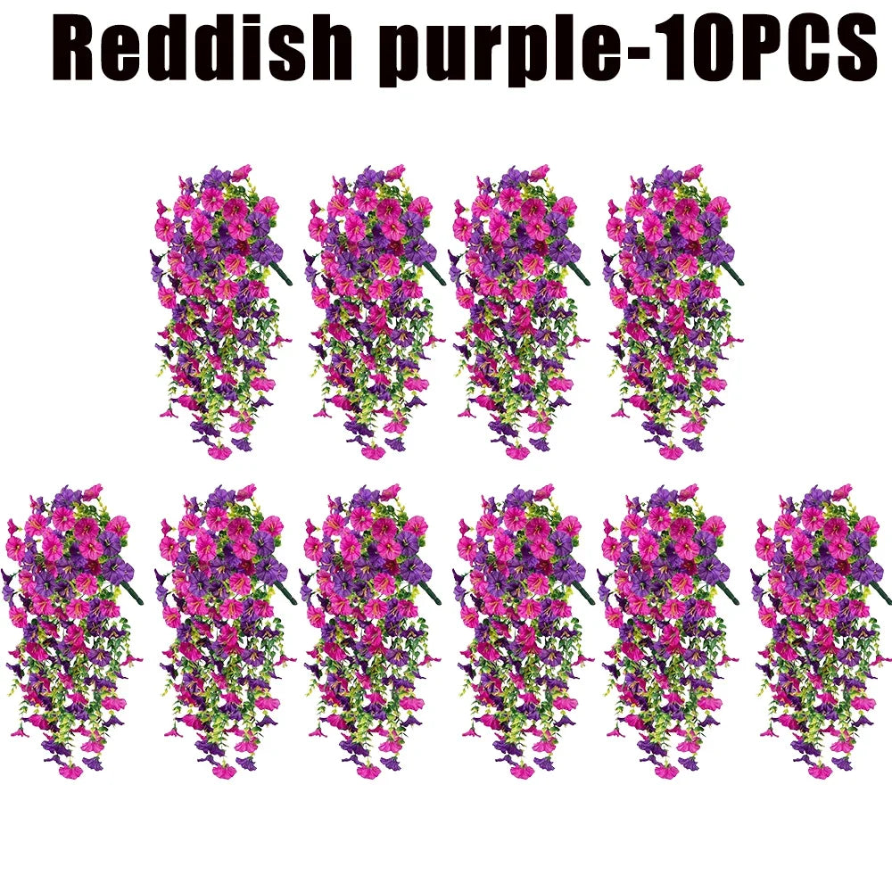 Artificial Hanging Flowers Plants Silk Morning Glory Flowers with Eucalyptus Leaves for Home Garden Porch Window Decoration