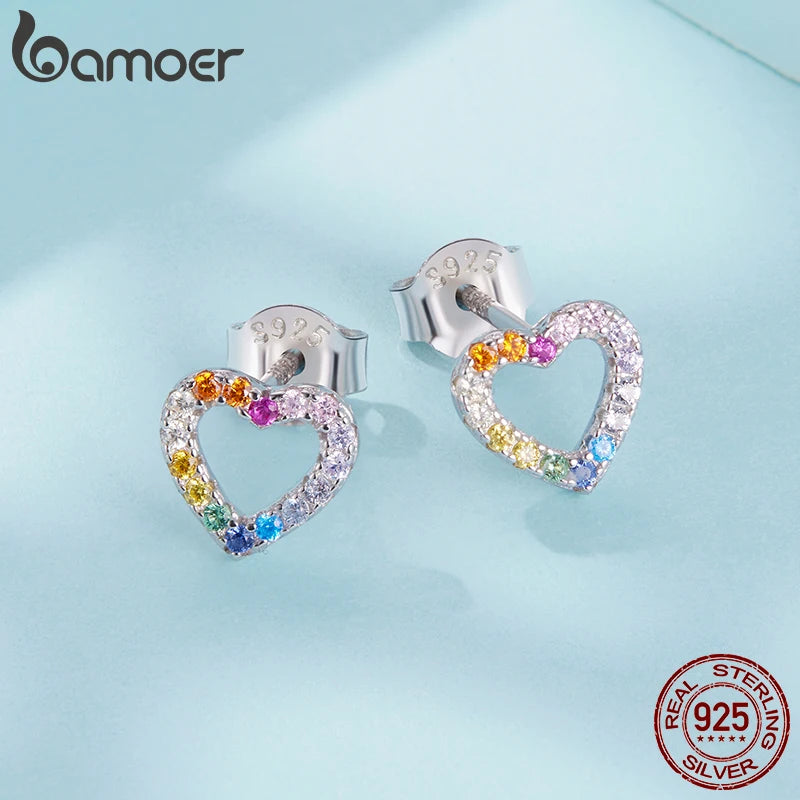 BAMOER 925 Sterling Silber Regenbogen Herz Ohrstecker für Damen, besetzt mit Zirkonia, süße Schmuckstücke, perfektes Geschenk für Paare