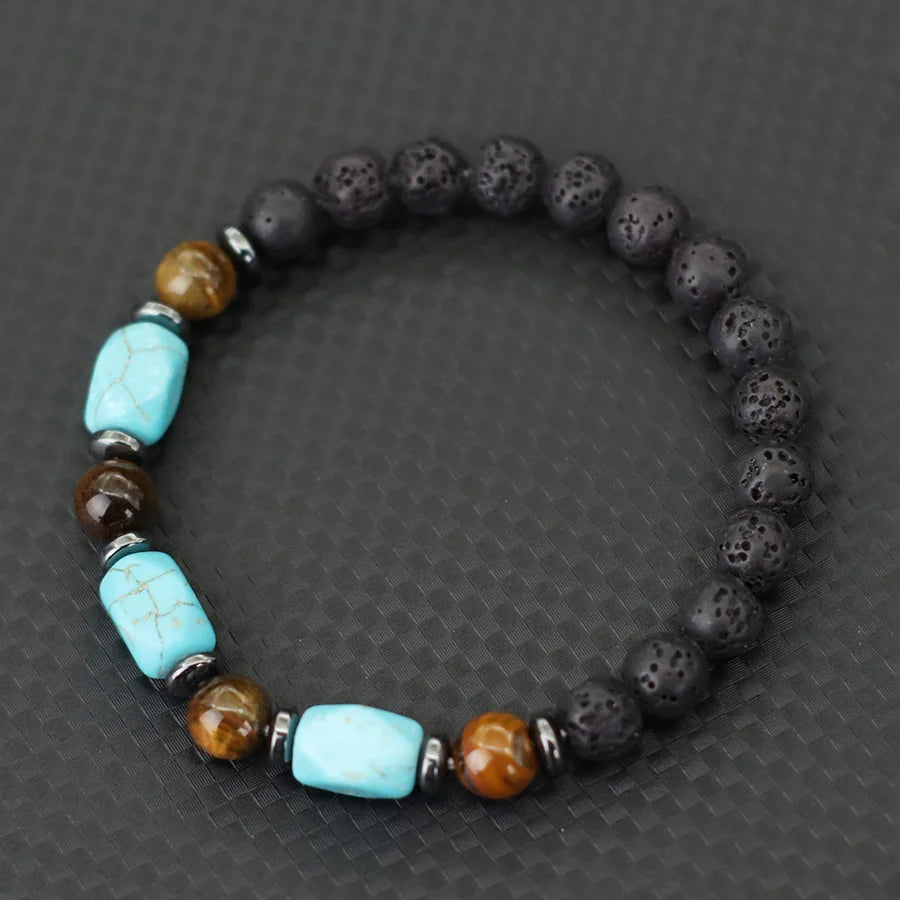 Stylish Turquoises Stone Strand Bracelet Men Women Handmade Tiger Eyes Hematite Healing Braslet Volcanic Rock Beaded Braclet