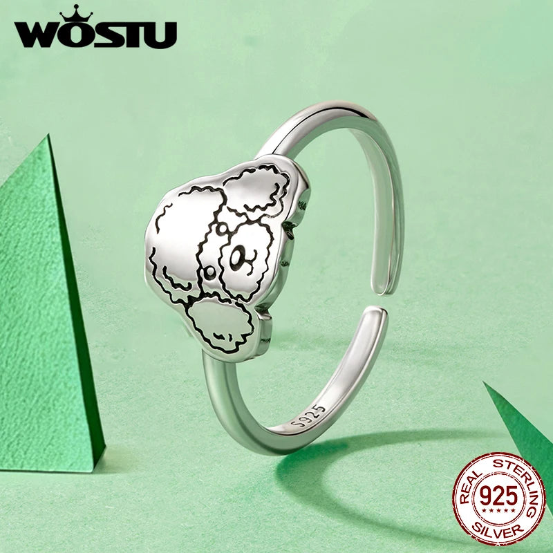 WOSTU Adjustable 925 Sterling Silver Dog Ring for Dog Lovers, Flat Cut Pet Animal Puppy Signet  Stacking Rings Girl Jewelry Gift