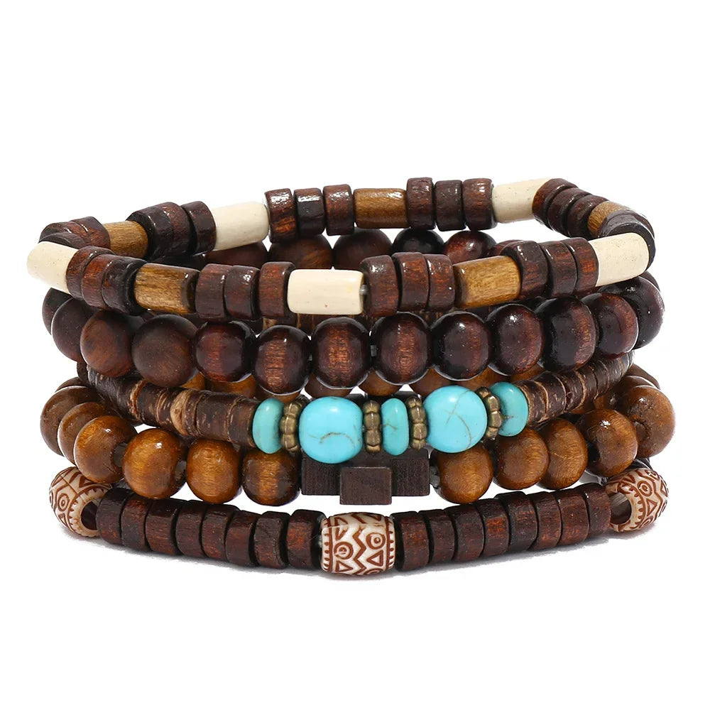 Vintage Cross Multi-Layer Beaded Wooden Beads Men's Bracelet Multi-Piece Set Bracelet