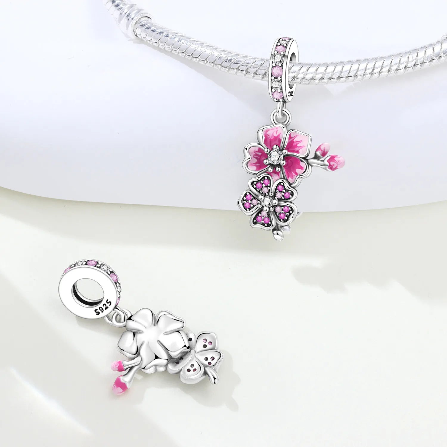 PANPOKI 925 Sterling Silver Pink Cherry Blossom Flower Beads Original Pendants Bracelet Charm Jewelry Party DIY Trendy Gifts