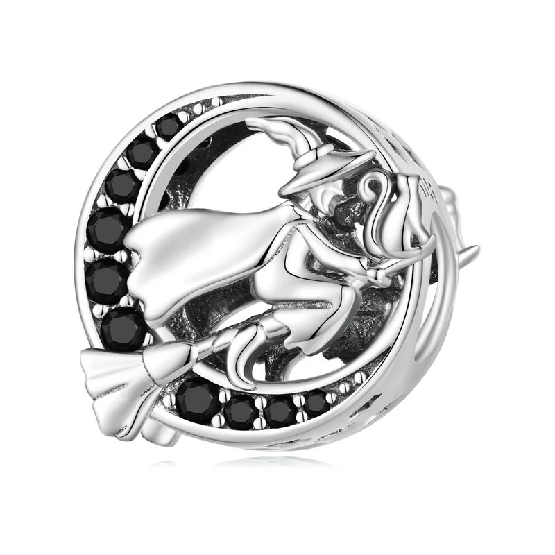 WOSTU 925 Sterling Silver Halloween Collection Red Rose Flower Skull Charms Black CZ Witch Bat Bead fit DIY Bracelet Bangle Punk