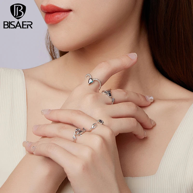 BISAER 925 Sterling Silver Constellation Open Ring Aries Pisces Sagittarius Cancer Scorpio Band for Women Party Fine Jewelry