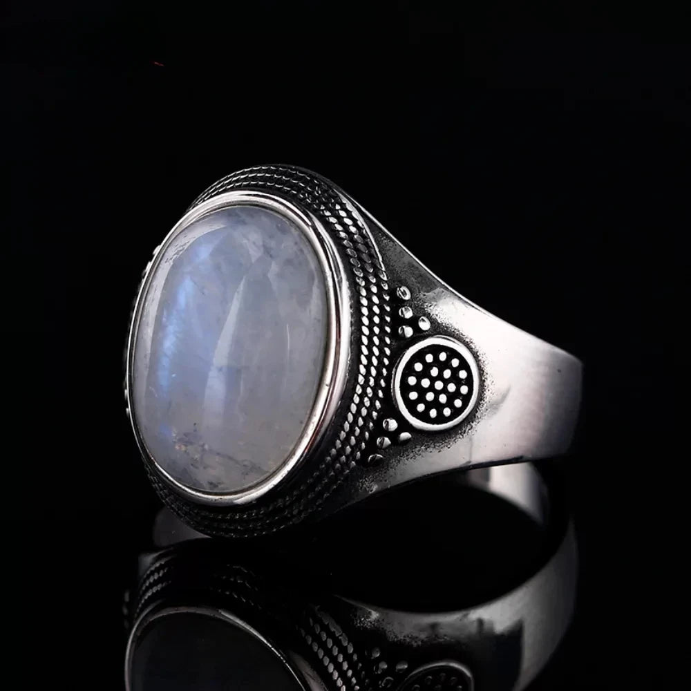 Vintage 925 Sterling Silver Ring Natural Moonstone Ring 10*14mm Oval Large Stone Retro Silver Fine Jewelry Gift For Women Men