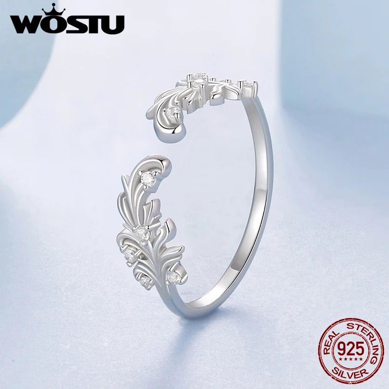 WOSTU 925 Sterling Silver Minimalist Ring with Sparkling Zircon, Elegant Stackable Flower Pattern Rings Dainty Jewelry Gift