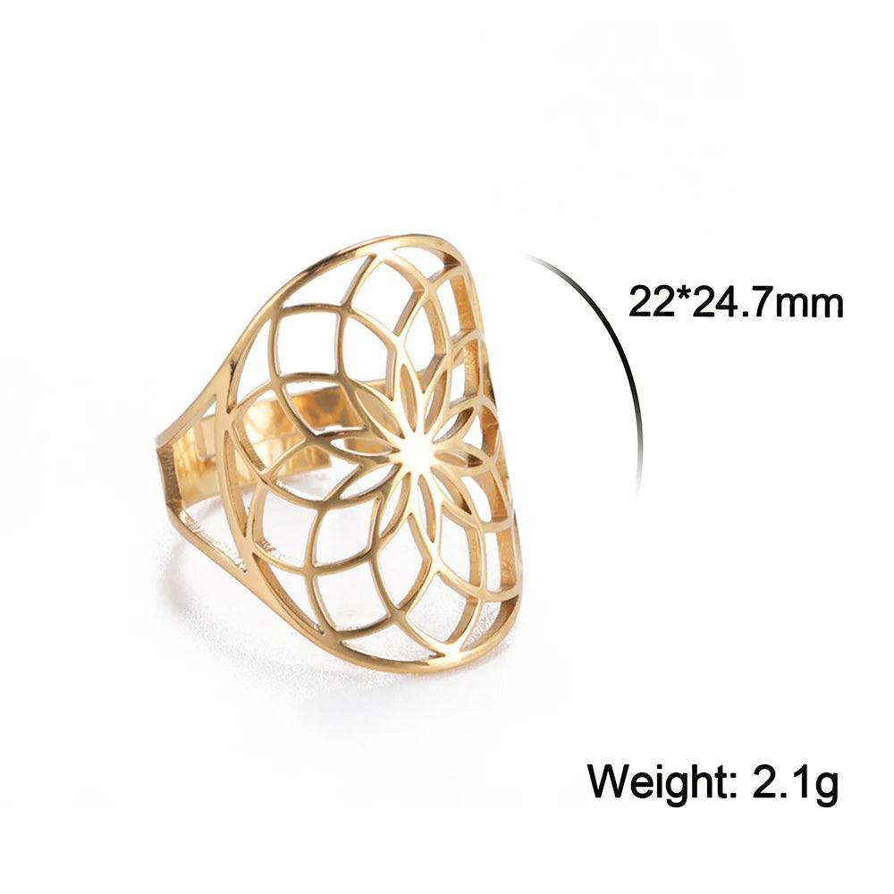 Unift Scared Geometry Flower of Life Ring Adjustable Stainless Steel Ring Men Women Accessories Vintage Filigree Viking Jewelry - Madeinsea©