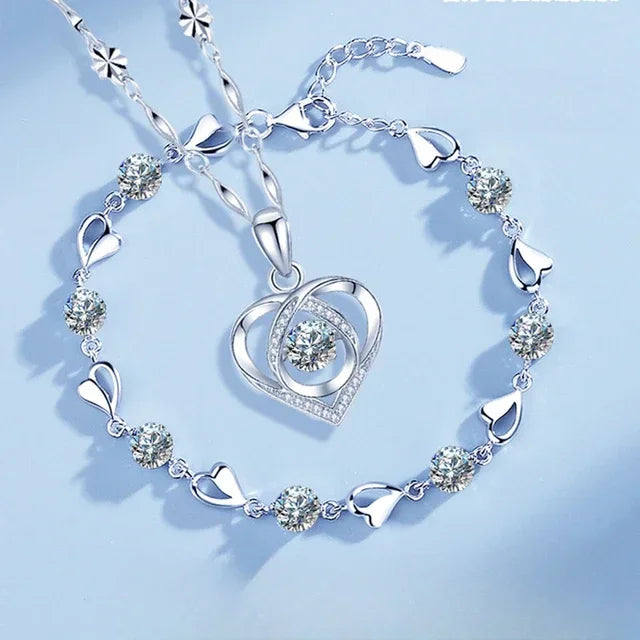 925 Sterling Silver Heart Shaped Necklace Bracelet Set for Women Vintage Korean Crystal Bracelets High Quality Set Party Jewelry - Madeinsea©