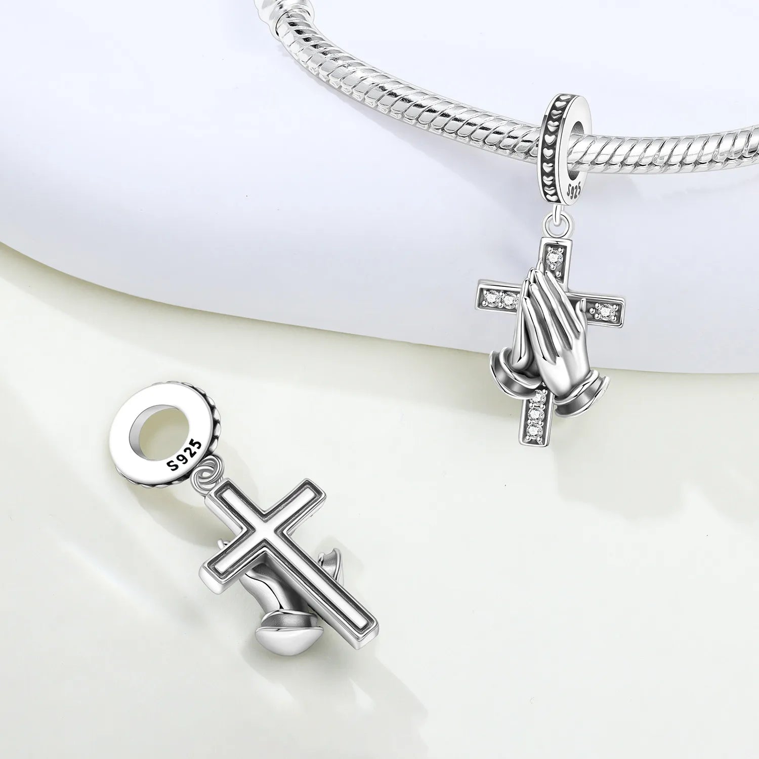 PANPOKI 925 Sterling Silver Prayer Hand Cross Beads Original Pendants Bracelet Charm Jewelry Party DIY Trendy Gifts