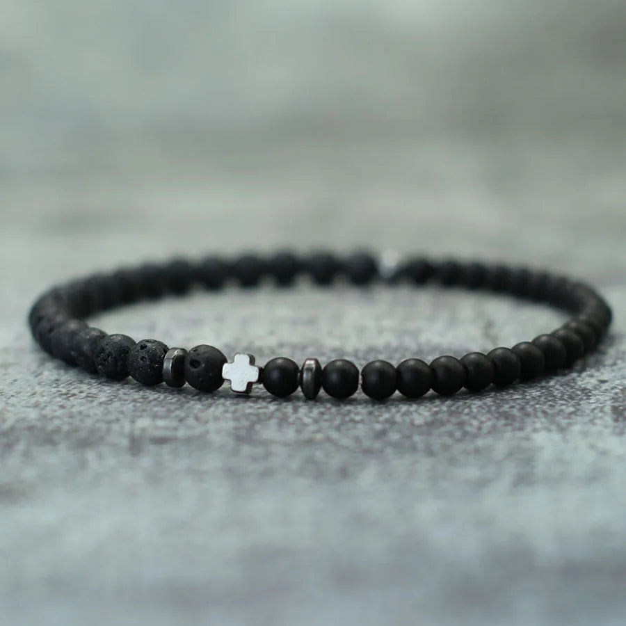 Minimalist Men Cross Bracelet Bicolor Black White 4mm Beads Strand Braslet Volcanic Rock Turquoises Stone Energy Healing Braclet