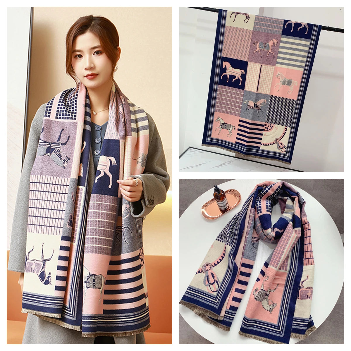 Women's Autumn Winter Horse Pattern Scarf New Luxury Cashmere Feeling Large Blanket Wrap Soft Warm Brand Shawl Retro & Classical - Madeinsea©