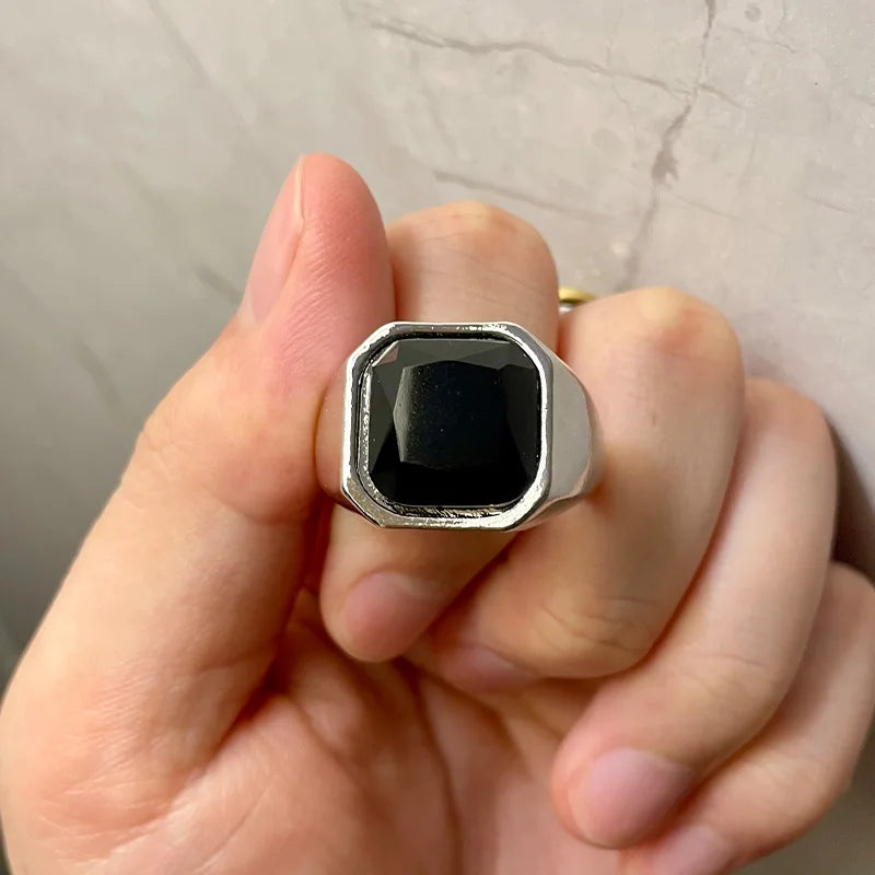 Retro Black Glass Onyx Ring For Men Alloy Classic Fashion Designer Ring Handmade Jewelry Rock Hiphop Accessories Unisex Gift