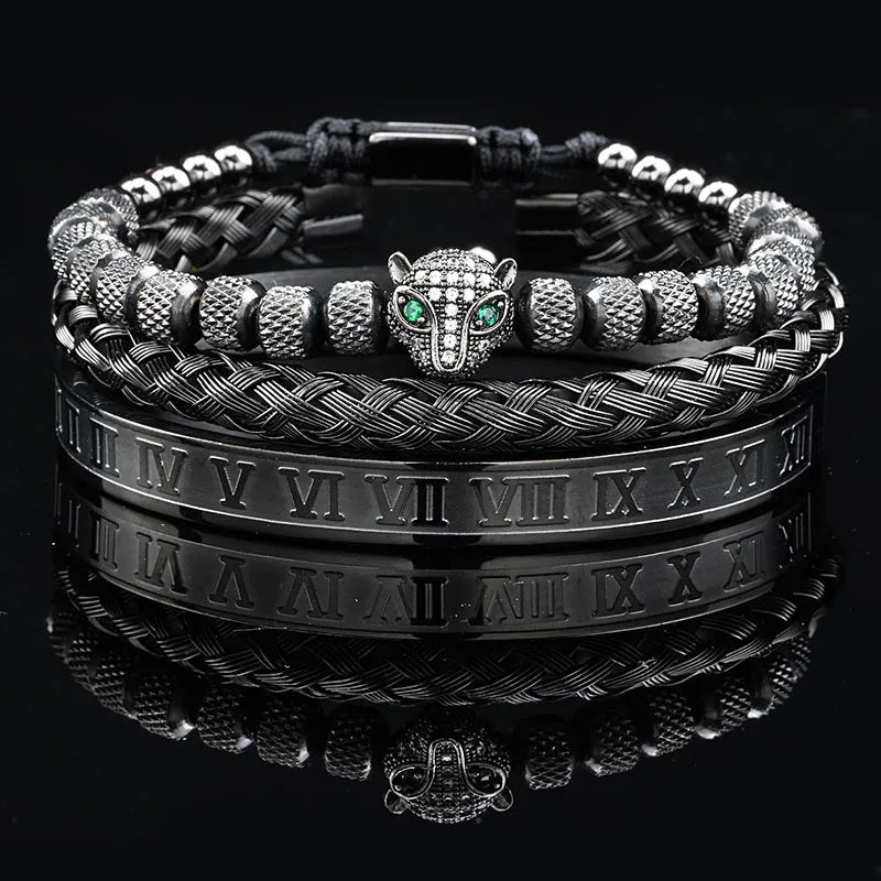 Luxury Black Stone Beads Leopard Head Man Bracelet Enamel Stainless Steel Roman Bangles Women Jewelry Set - Madeinsea©