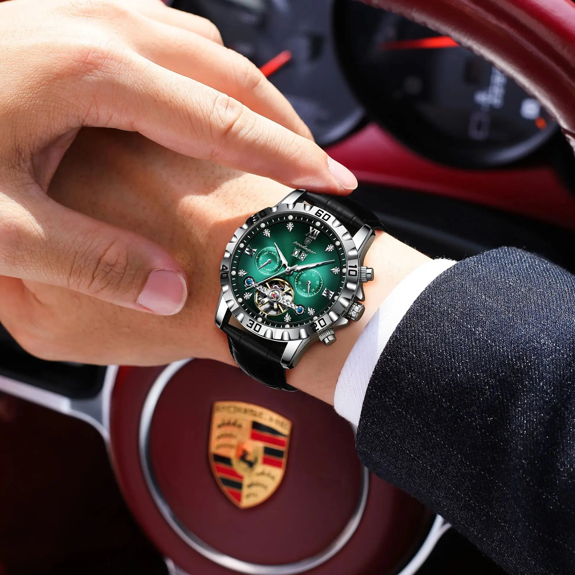 POEDAGAR Top Luxury Men's Watches Original Mechanical Leather Men Clock Date Week Hollow Tourbillon Automatic Man Watch Male+Box