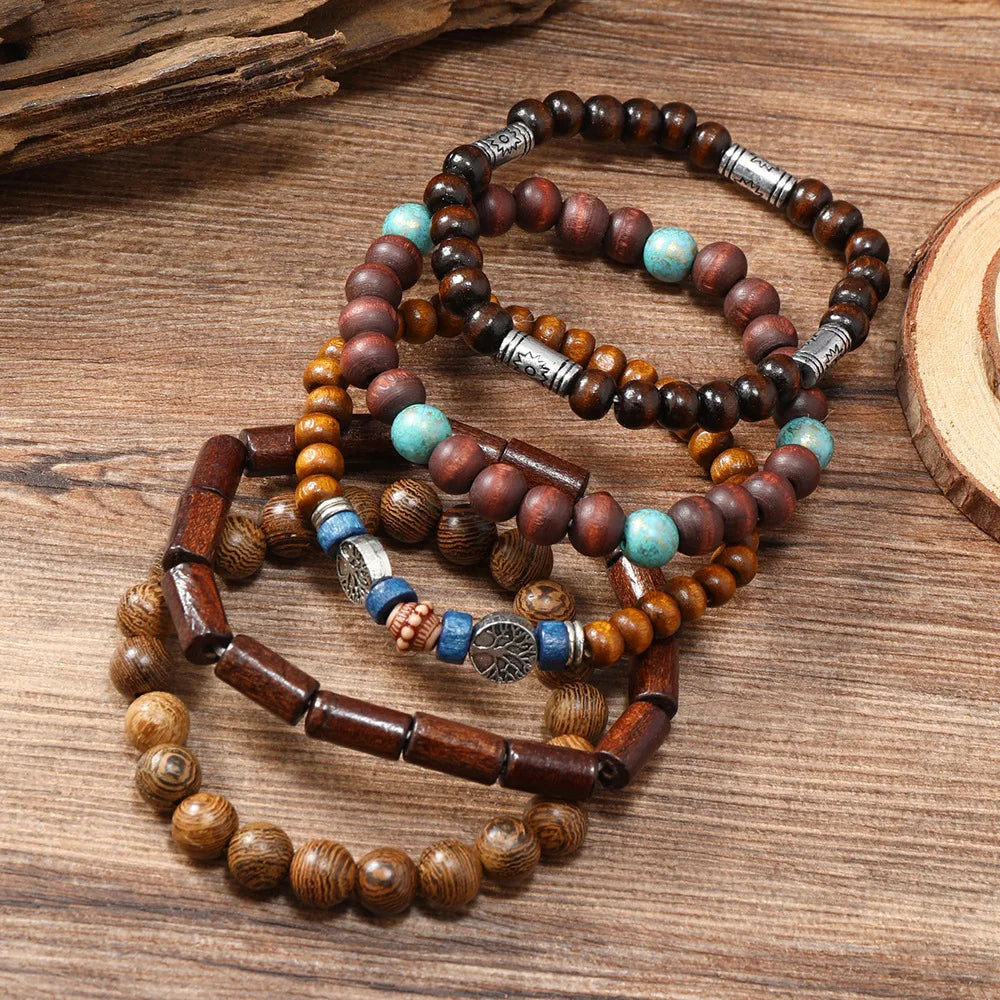 Vintage Cross Multi-Layer Beaded Wooden Beads Men's Bracelet Multi-Piece Set Bracelet