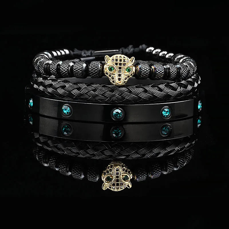 Luxury Black Stone Beads Leopard Head Man Bracelet Enamel Stainless Steel Roman Bangles Women Jewelry Set