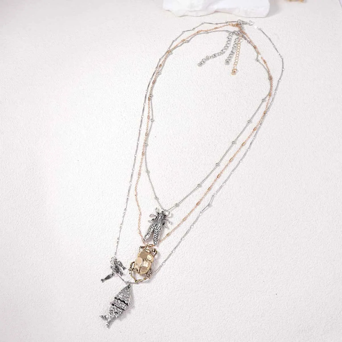 ZZAA Personalized Trendy Insect Beetle Knows Fish Pendant Multi Layer Necklace