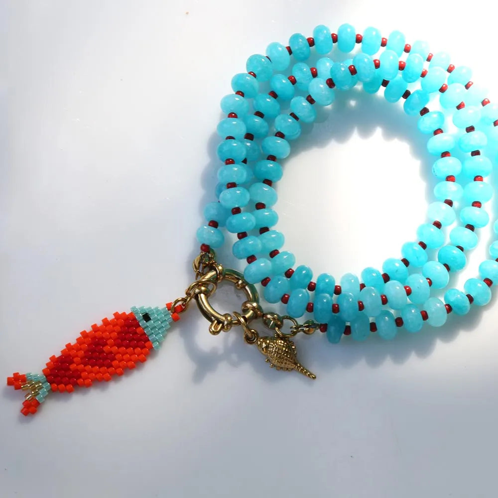 Bohemian Ocean Series hand-woven colorful fish pendant elegant and grand natural stone beaded necklace for girl go to beach