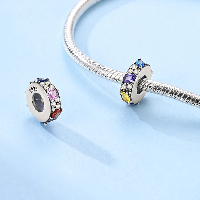 Charms 100% 925 Sterling Silver Flowers Colorful Zircon Silicone Spacer Beads Fit 3mm 925 Original Bracelets Fine DIY Jewelry