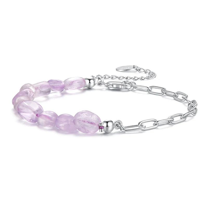BAMOER 925 Sterling Silver Purple Crystal Bracelet Adjustable Bead & Chain Dual-Tone Wrist Chain for Women Teens Dainty Gift