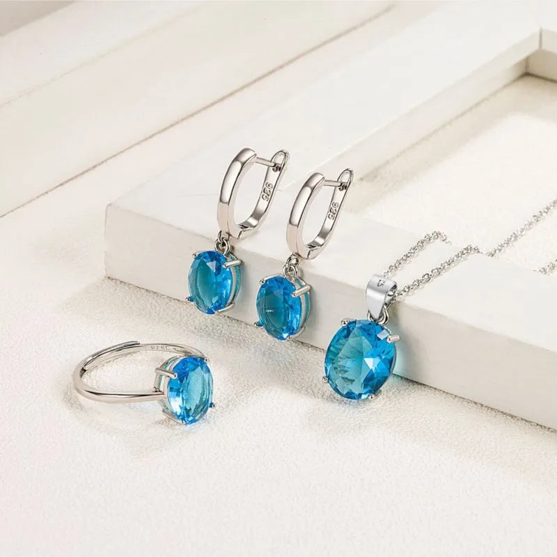 Natural Amethyst Citrine Garnet Peridot Blue Topaz 925 Sterling Silver Ring Earring Pendant Necklace Jewelry Set