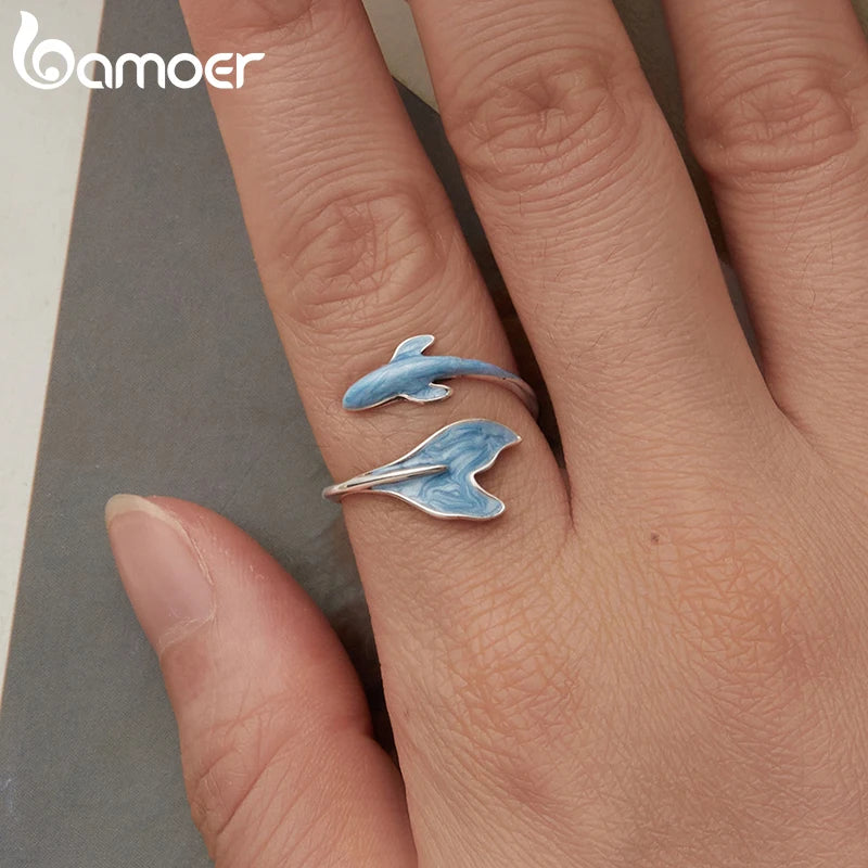 BAMOER 925 Sterling Silver Cute Guppy Ring Stacking Finger Ring, Animals Adjustable Open Rings Birthday Gift BSR674-E