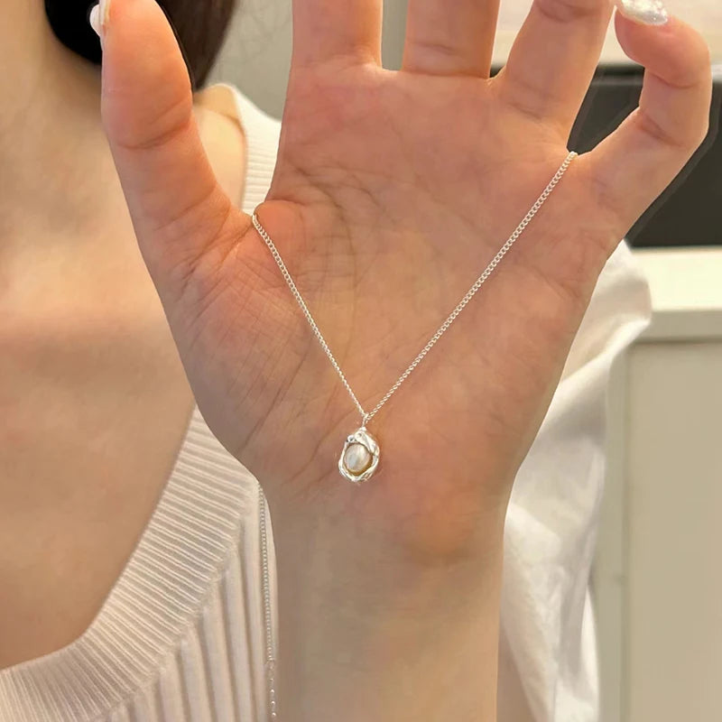 Popular 925 Sterling Silver Pearl Geometric Shape Necklace Simple Charm Ladies Pendant Choker Birthday Party Gift Fine Jewelry