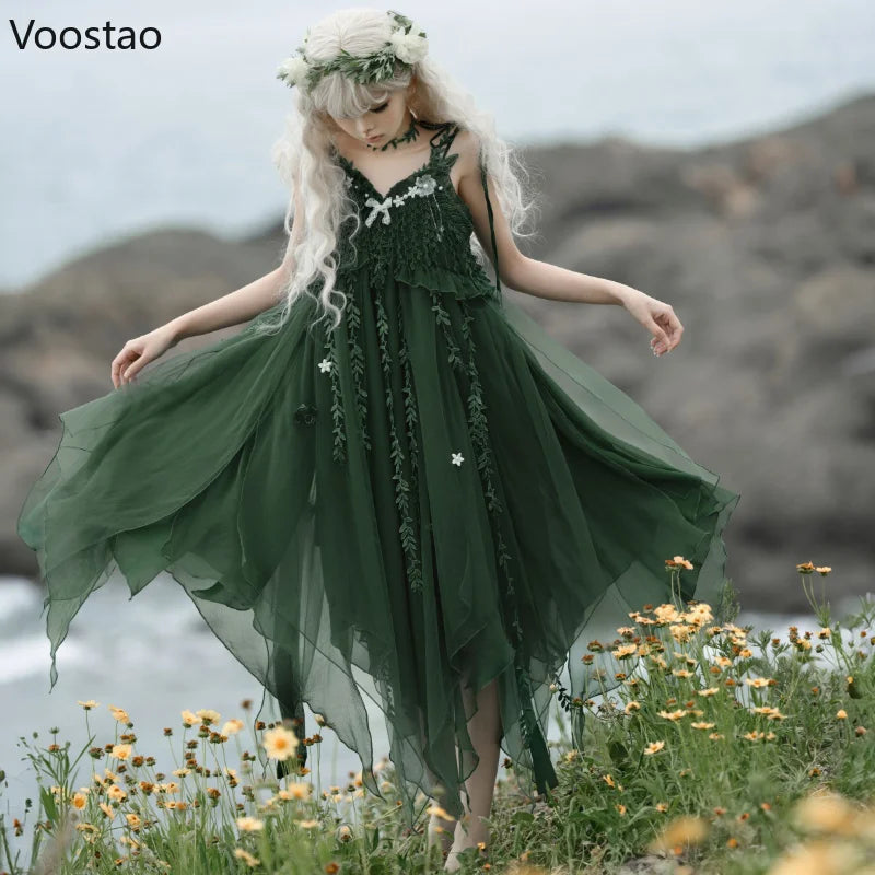 Mori Girl Sweet Lolita Princess Dress Women Sweet Green Butterfly Embroidery Cane Vine Design Party Midi Dresses Elegant Vestido