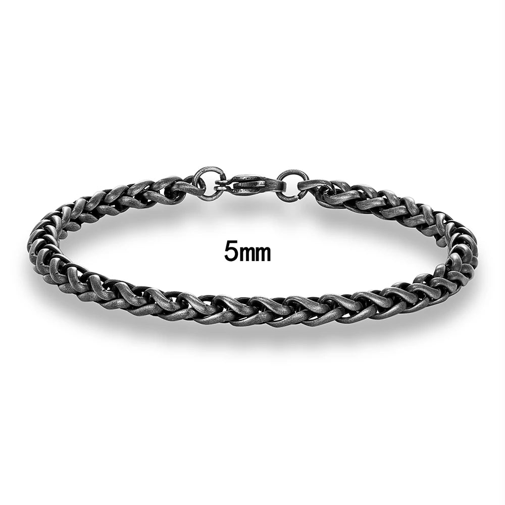 MKENDN Thickness 2/3/4/5/6mm Vintage Oxidized Black Wheat Braided Stainless Steel Bracelet Classic Curb Link Chain for Men Women