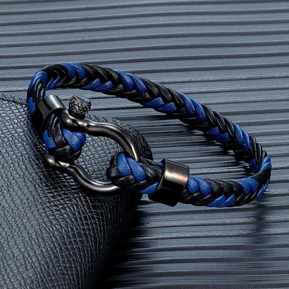 MKENDN Personalised Men's Nautical Shackle & Woven Black Leather Bracelet Gifts For Him Men's Jewellery