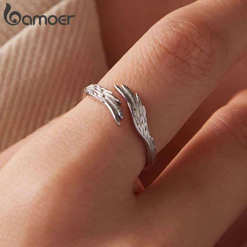 Bamoer 925 Sterling Silver Angel Wings Jewelry Set Vintage Feather Open Ring O-chain Link Necklace for Women Guardian Gift