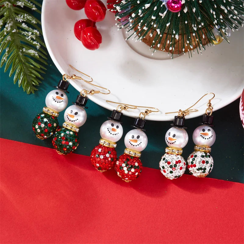 Fashion Christmas Snowman Snowflake Earrings for Women Shiny Crystal Zircon Santa Claus Dangle Earring Girls Party Jewelry Gifts