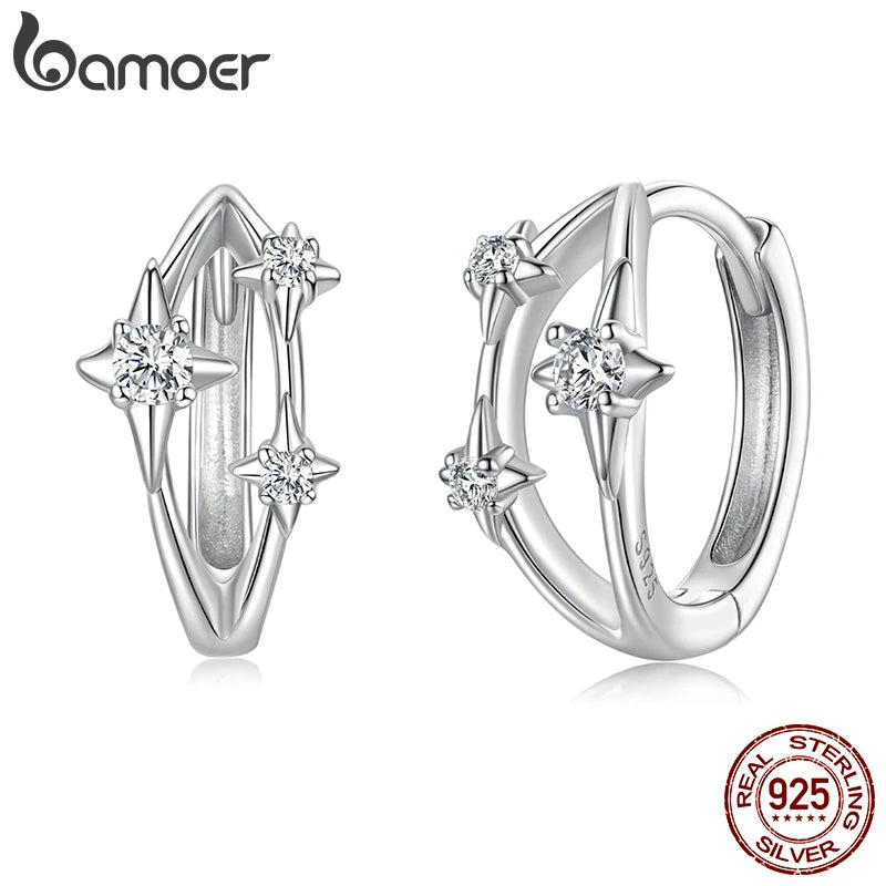 Boucles d'oreilles créoles BAMOER en argent massif 925, ornées d'étoiles, pour femmes et adolescentes. Boucles d'oreilles double rangée de zirconiums cubiques, style huppie. Bijoux hypoallergéniques.