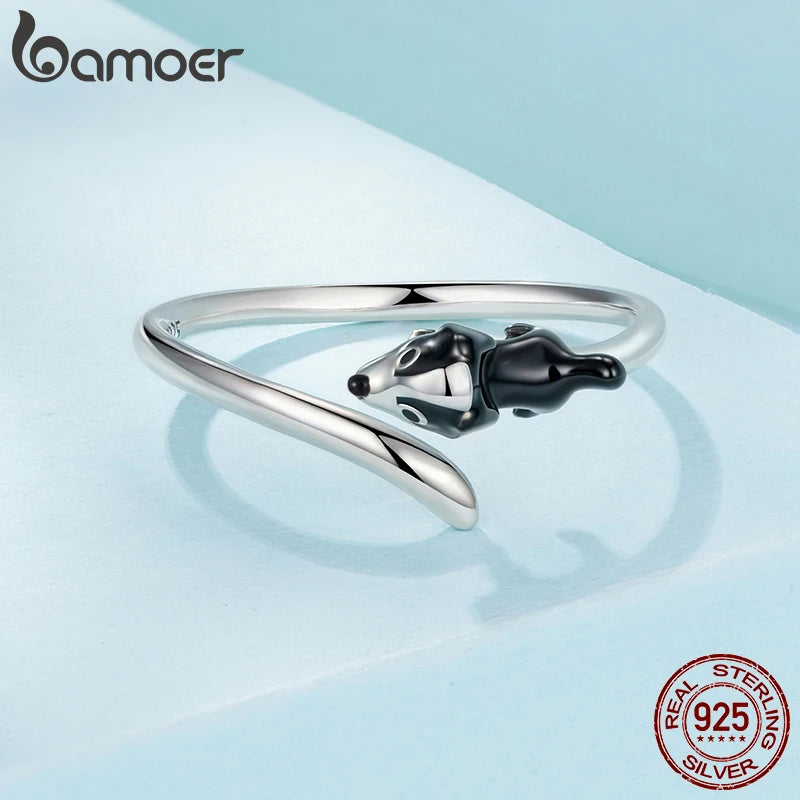 Bamoer 925 Sterling Silver Border Collie Open Ring Adjusable Black Enamel Dog Ring for Women Teens Pet Lover Cute Jewelry Gift