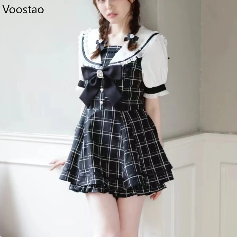 Japanese Gothic Y2k Lolita Plaid Dress Shorts Set Women Sweet Bow Sailor Collar Puff Sleeve Party Dresses Female A-Line Dress