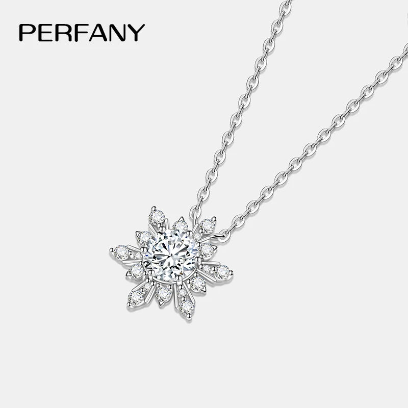 PERFANY 1CT moissanite necklace for women S925 pure silver snowflake design laboratory diamond pendant luxury party jewelry