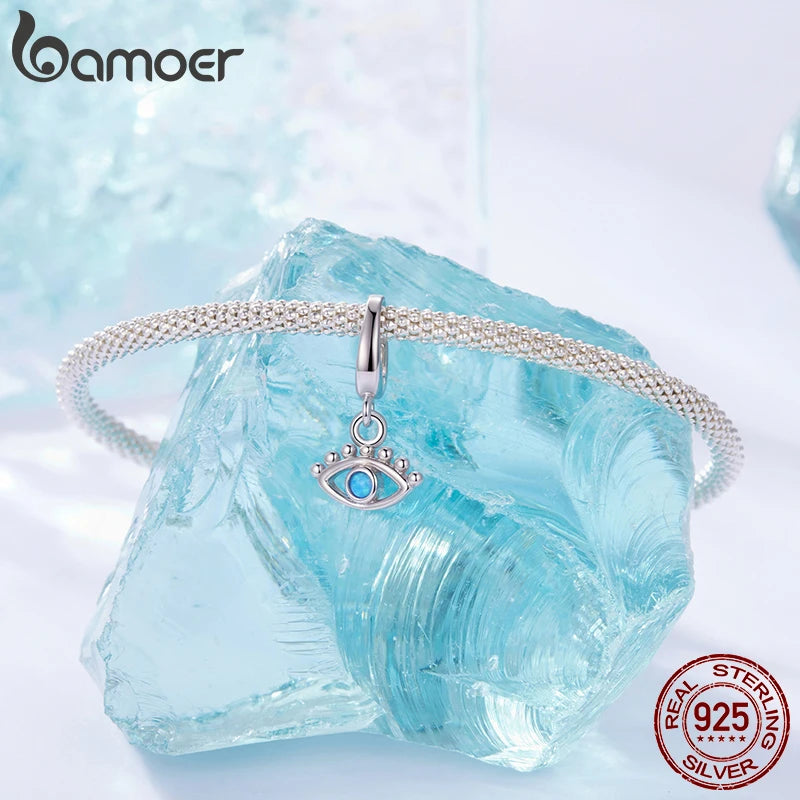 BAMOER 925 Sterling Silber Sonnen- und Mond-Medaillon-Anhänger mit Regenbogenopal-Dämonenaugenperlen, Original für Damen, DIY-Schutzhalskette