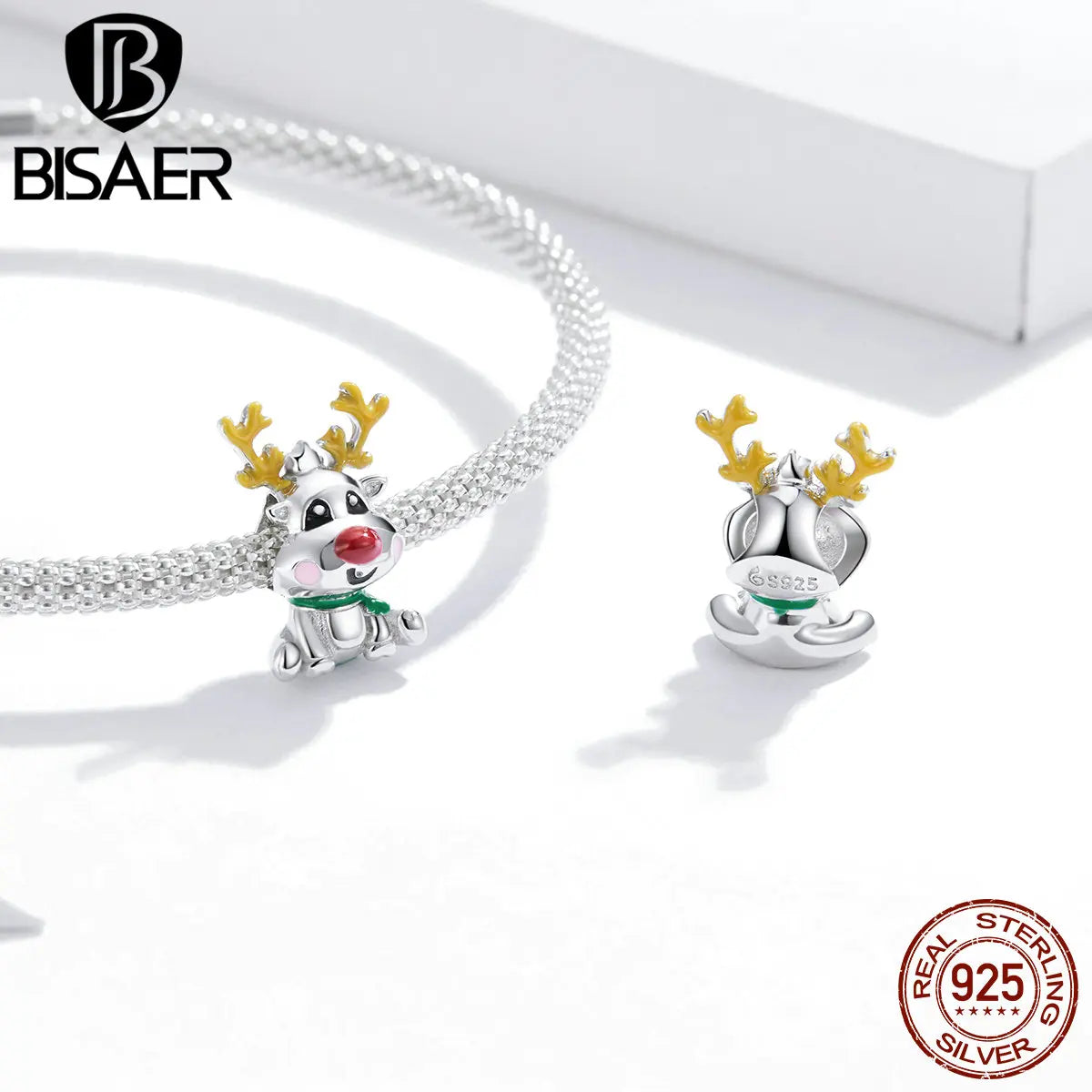 BISAER 925 Argent Sterling Noël Elk Bonhomme en Pain d'épice Père Noël Breloque Perles Arbre de Noël Cloche Renne Pendentif Fit Bracelet DIY