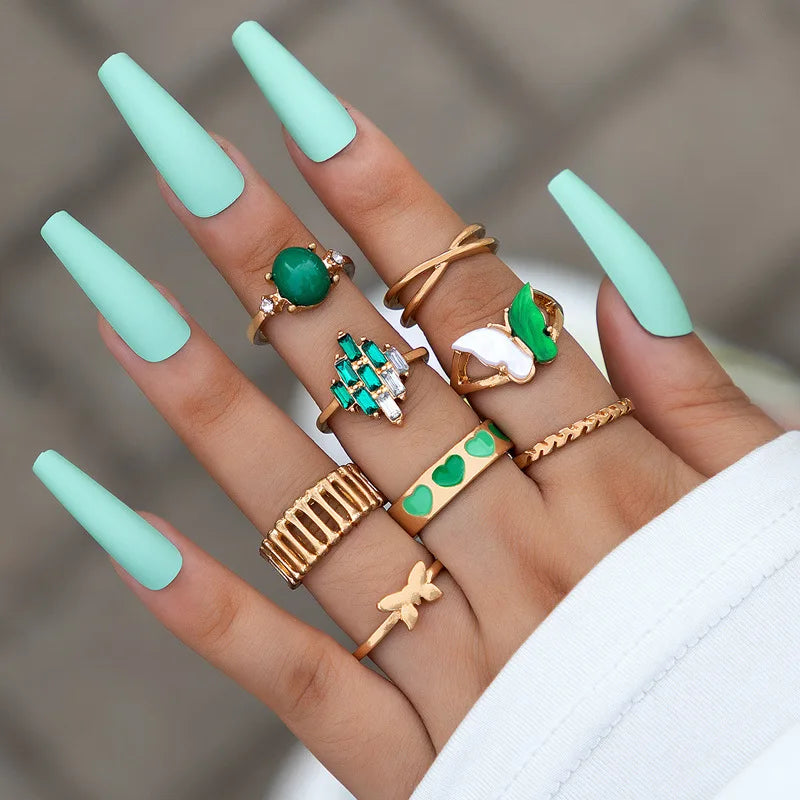 New Crystal Geometric Kunckle Ring Set For Women Colorful Rhinestone Heart Butterfly Snake Wedding Finger Ring Boho Jewelry