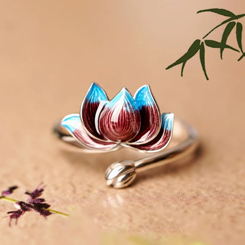 Retro Chinese Cloisonne Lotus Flower Ring For Women Punk Gothic Vintage Open Ring Handmade Designer Jewelry Unisex Accessories