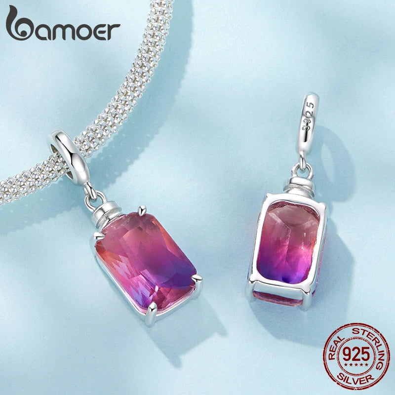 BAMOER 925 Sterling Silver Red Heart Charm Ombre Purple Perfume Bottle Pendant Original for Women DIY Necklace Romantic Gift