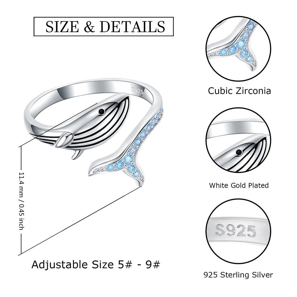 925 Sterling Silver Whale Adjustable Finger Cute Sea Animals Fish Open Ring Birthday Christmas Jewelry Gift for Women Teen Girls