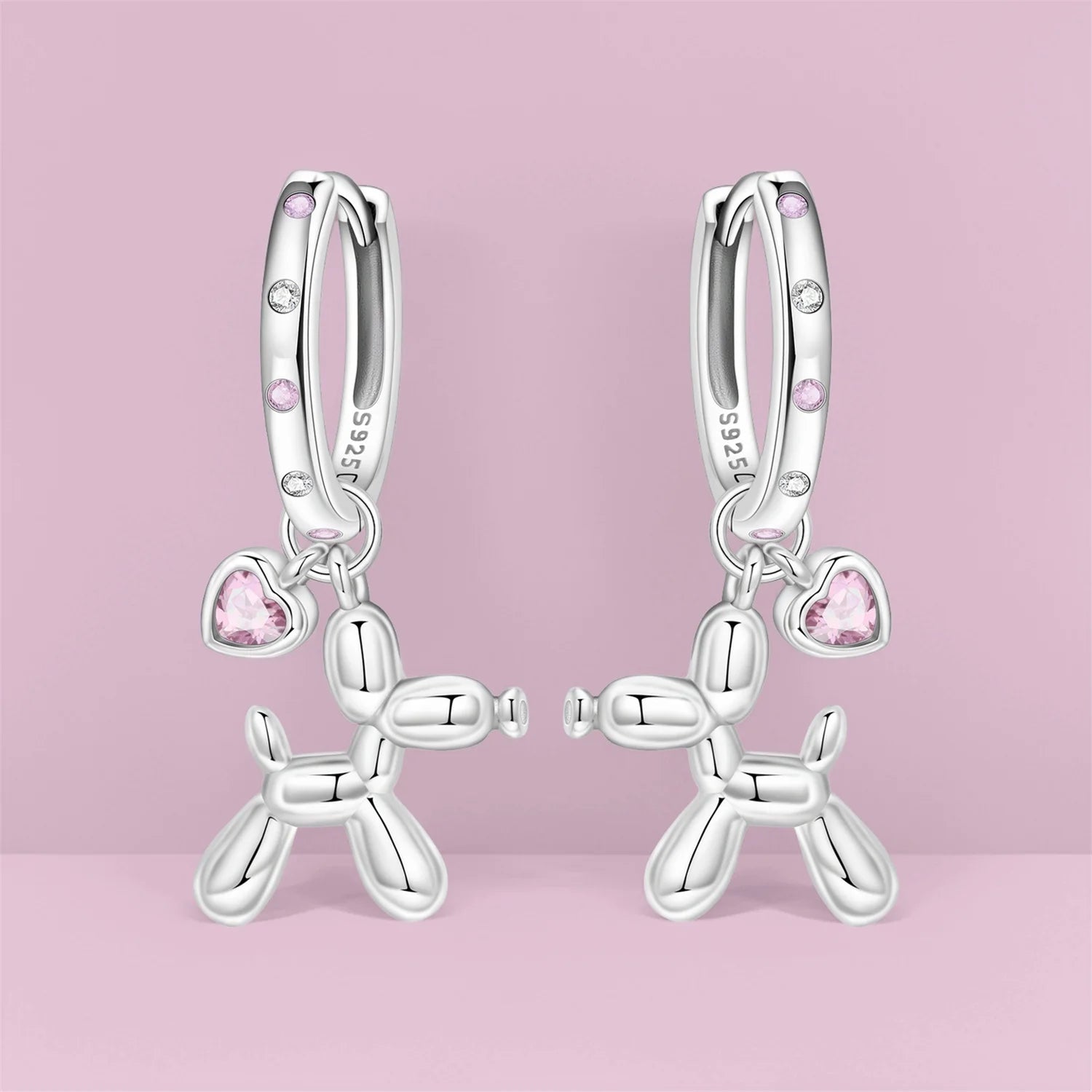PANPOKI 925 Sterling Silver Pink Heart Balloon Dog Drop Earrings Women Earrings Birthday Party Fashion Jewelry Original Gifts