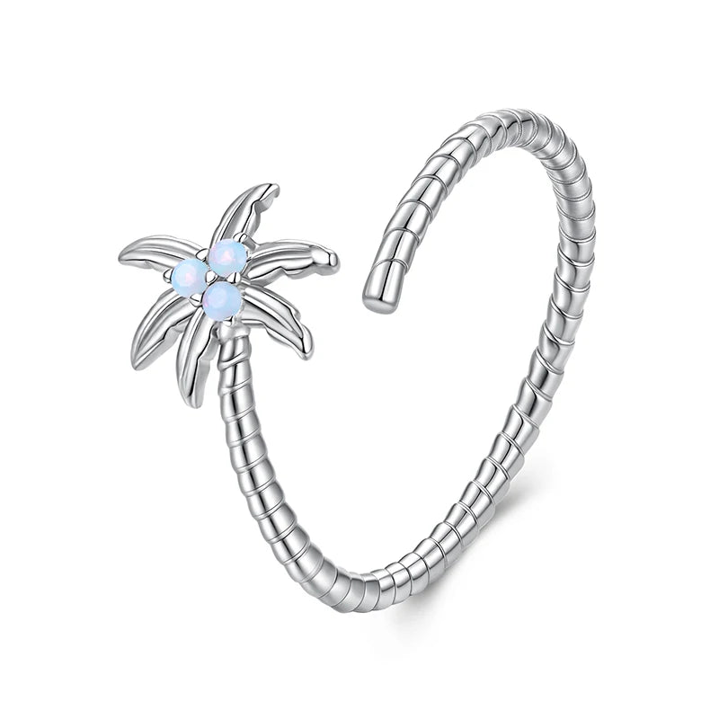 BAMOER 2025 Solid 925 Sterling Silver Cute Coconut Tree Adjustable Rings Lovely Plant Open Ring Jewelry for Women SCR1118-E
