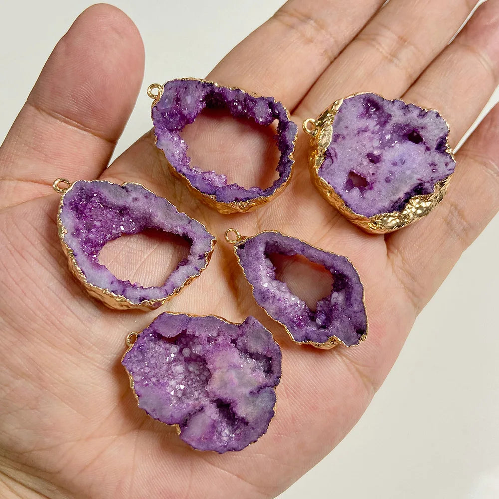 1 PCS Colorful Natural Quartz Geode Pendant Irregular Shape Gold Color Plated Agat Slice Charm Pendants For Jewelry Necklace DIY