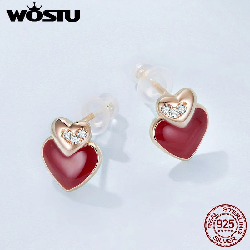 WOSTU 925 Sterling Silver Rose Gold Red Heart Butterfly Stud Earrings For Women , Delicate Angela Red Doop Earring Huggies New