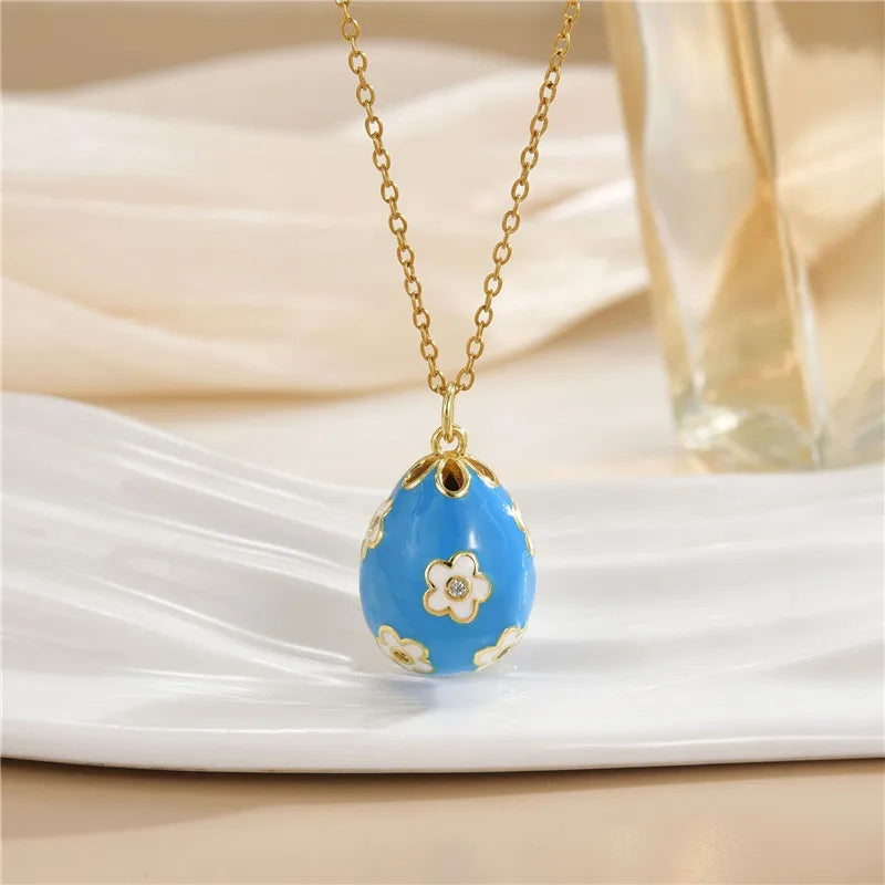 Fashion Easter Egg Enamel Zircon Pendant Necklace Stainless Steel Chains Geometric Choker Jewelry Gifts For Women Girls