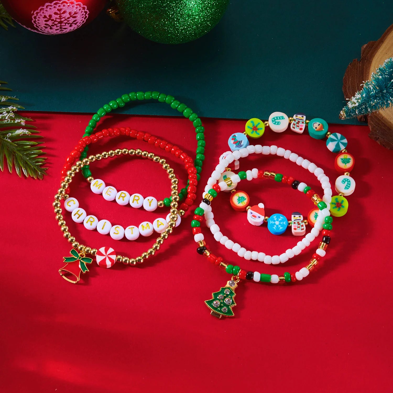 Christmas Series Bracelet Set For Women Santa Claus Snowman Xmas Tree Snowflake Crystal Beads Bracelets Party Charm Jewelry Gift