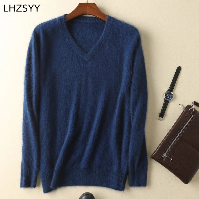 LHZSYY Men's 100% Mink Cashmere Large Size Sweaters Autumn Winter Solid V-neck Casual Knit Pullovers Men Long Sleeve Warm Jumper - Madeinsea©
