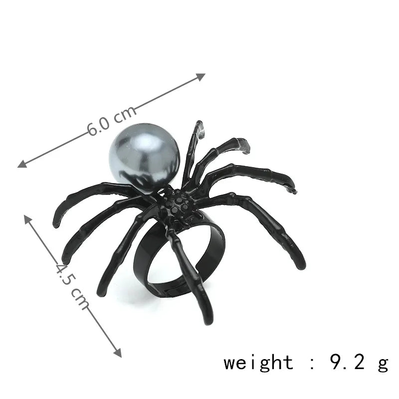 Halloween Exaggerated Spider Rings for Women Gothic Aesthetic Dark Animal Imitation Pearl Finger Ring Men Party Punk Jewelry